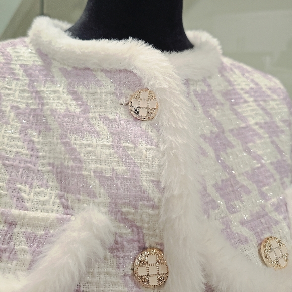 Tweed Blazer White Lilac Faux-Fur Trim Jacket - Picture 6 of 9